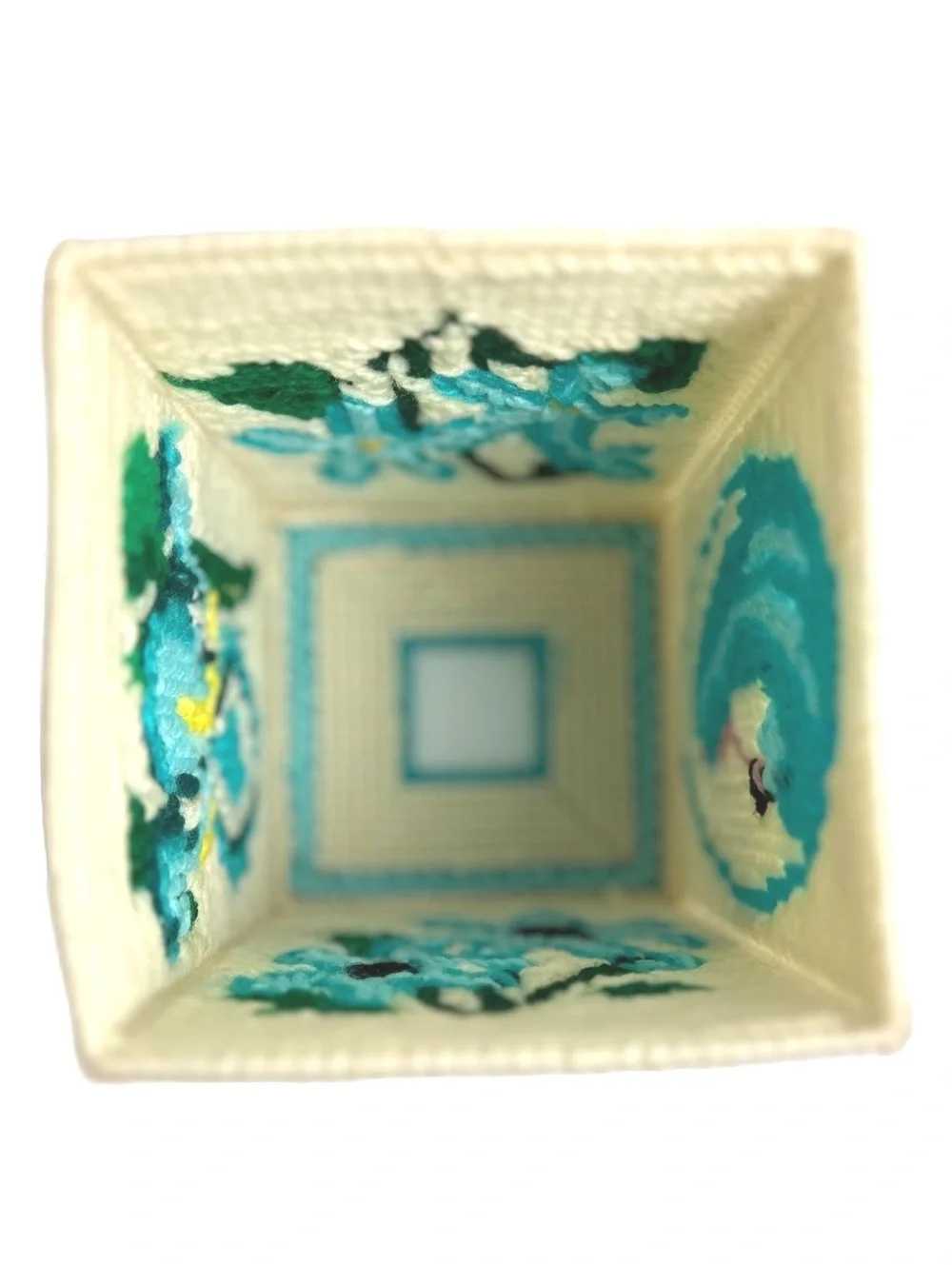 Vintage Handmade Needlepoint Tissue Box Cover with Blue Floral Design
